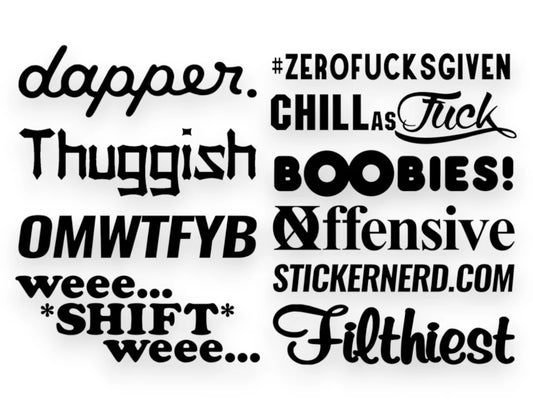 A diverse vinyl sticker pack with window stickers and decorative decals applied to a glass window.