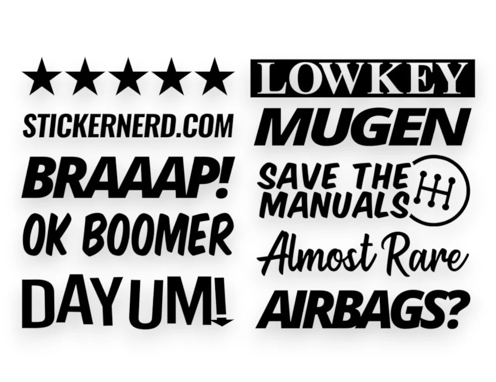 JDM style car sticker pack with black vinyl text decals including Mugen, OK Boomer, and Save the Manuals.