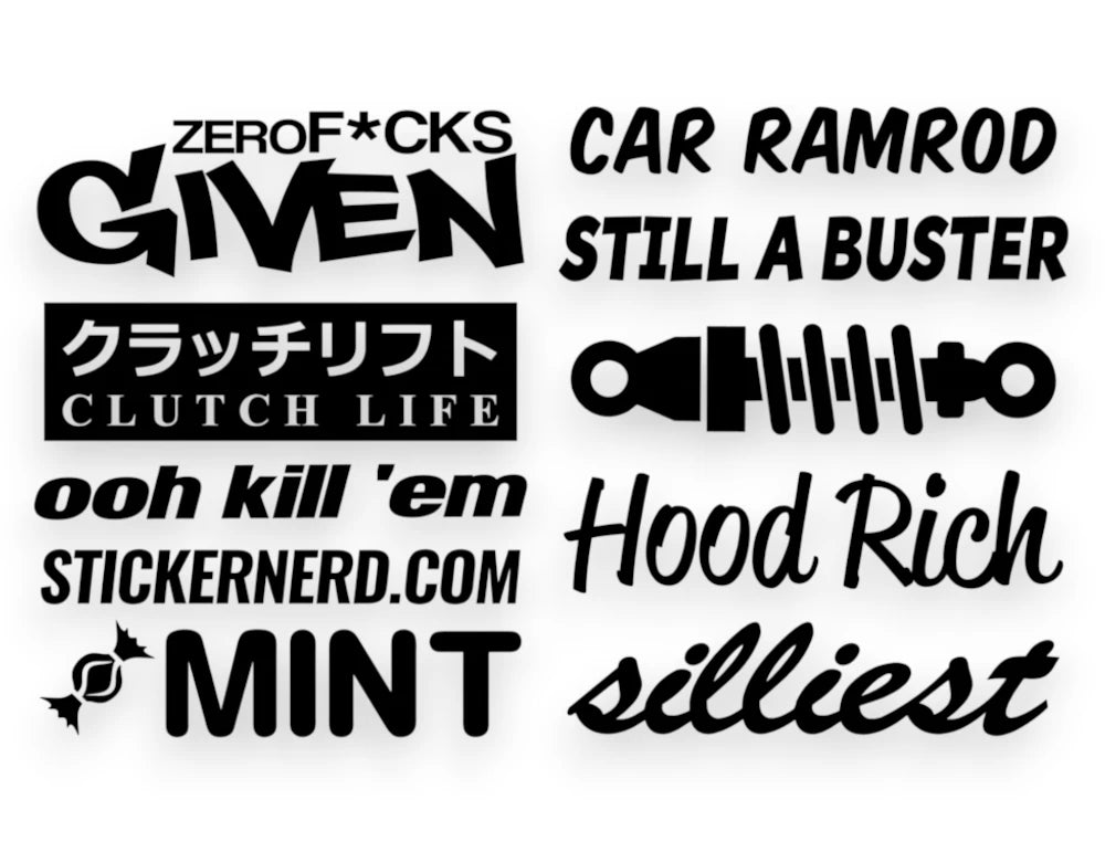 A car sticker pack sheet featuring black vinyl decals with text like ZERO F*CKS GIVEN, STILL A BUSTER, CAR RAMROD, and a detailed coilover suspension graphic.