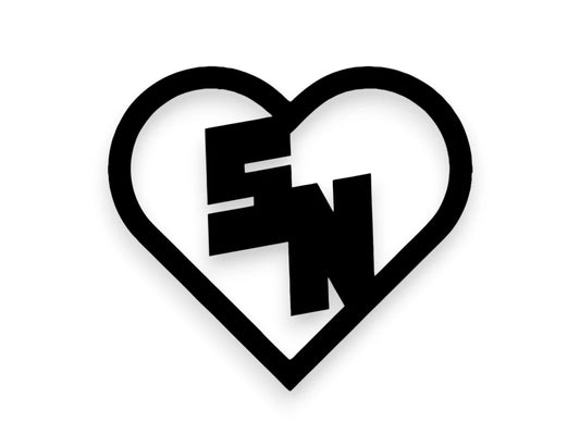 A black heart-shaped outline decal or sticker featuring the stylized letters 'SN' in the center, shown on a plain white background.
