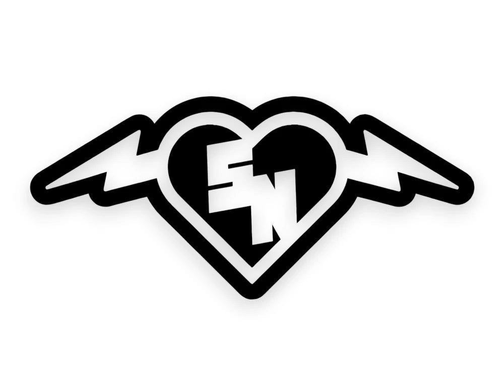 A black vinyl decal or sticker featuring a stylized heart with lightning wings and a white 'sn' monogram in the center, shown on a plain white background.