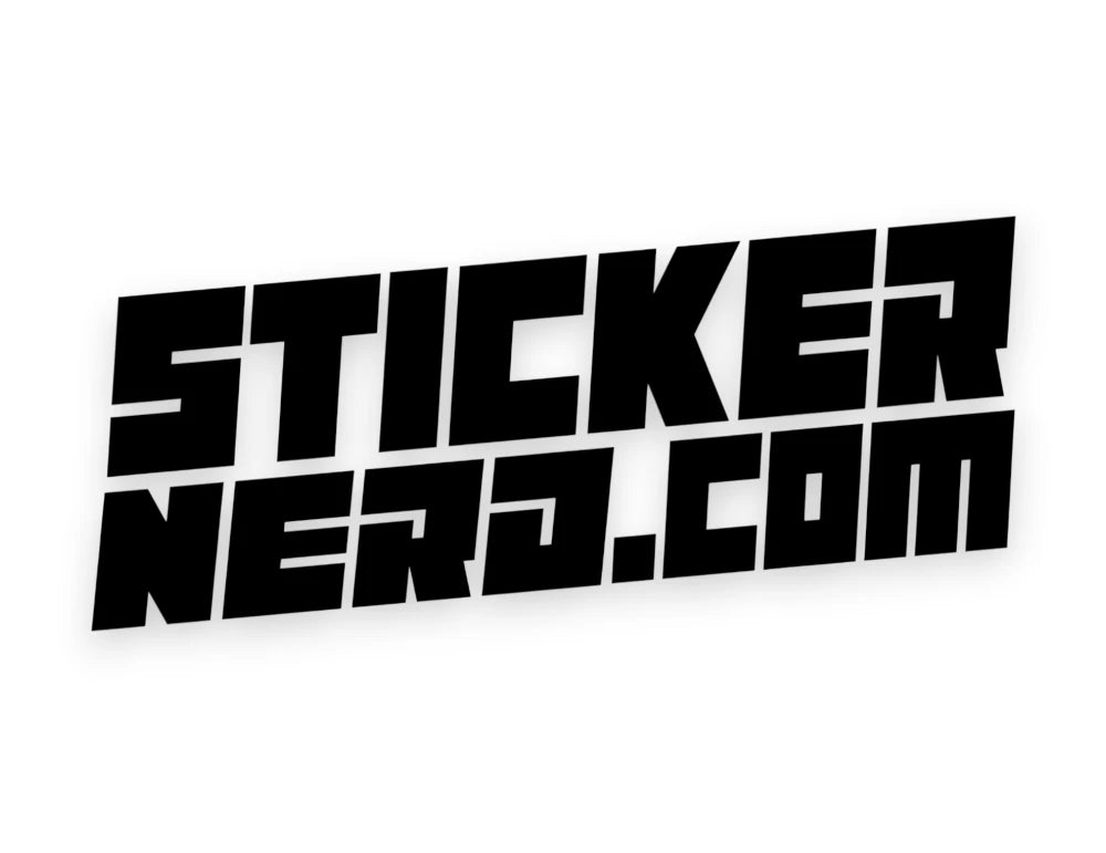A black die-cut sticker with the text 'STICKER NERD.COM' in a bold, stylized block font, shown on a plain white background.