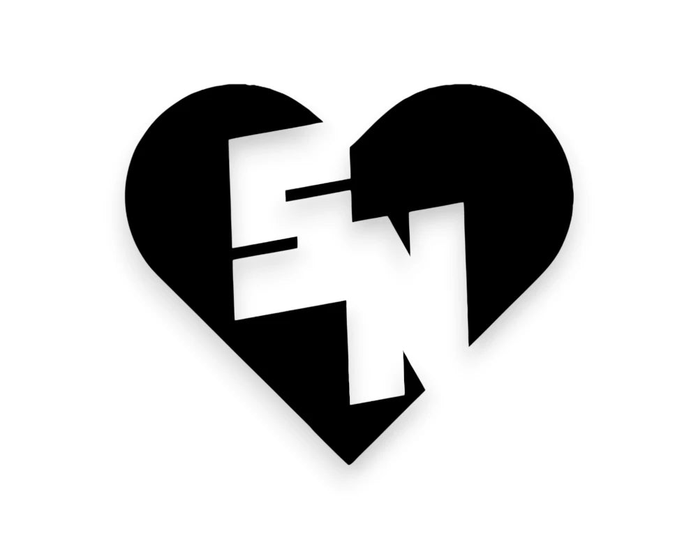 A black heart-shaped graphic with a broken split and white stylized letters 'SN' inside, shown on a plain white background.