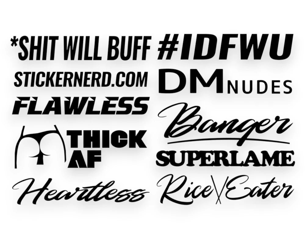 Full collection of waterproof vinyl decals and stickers included in the window sticker pack.