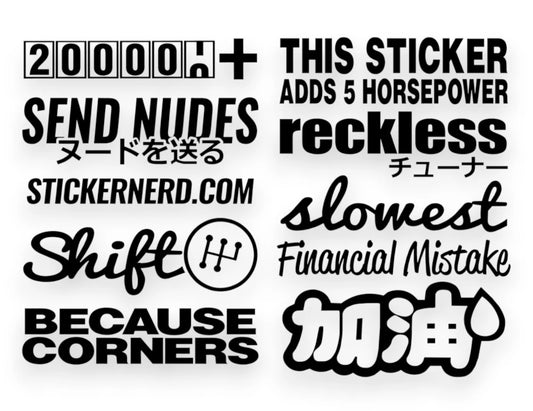 Sticker pack featuring custom die-cut vinyl window stickers and decals spread out on a flat surface.